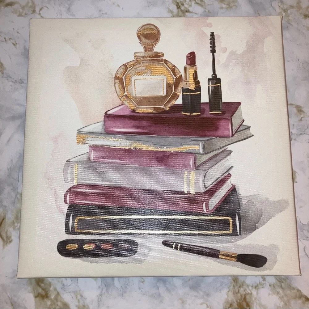 NEW Makeup and Books Canvas Wall Art Burgundy Gold Beauty Glam Home Decor